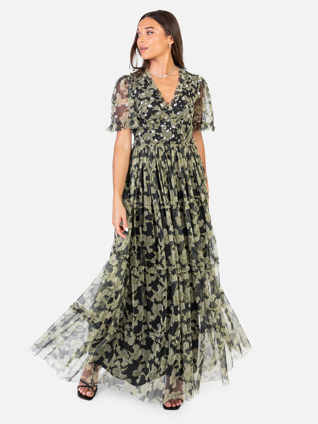 Anaya With Love Recycled Floral & Sequin V Neck Frill Maxi Dress