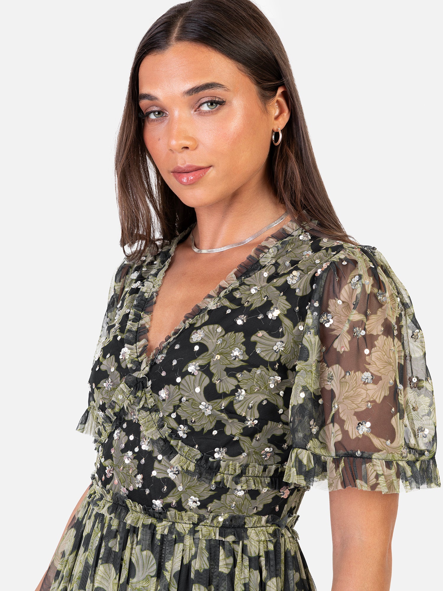 Anaya With Love Recycled Floral & Sequin V Neck Frill Maxi Dress