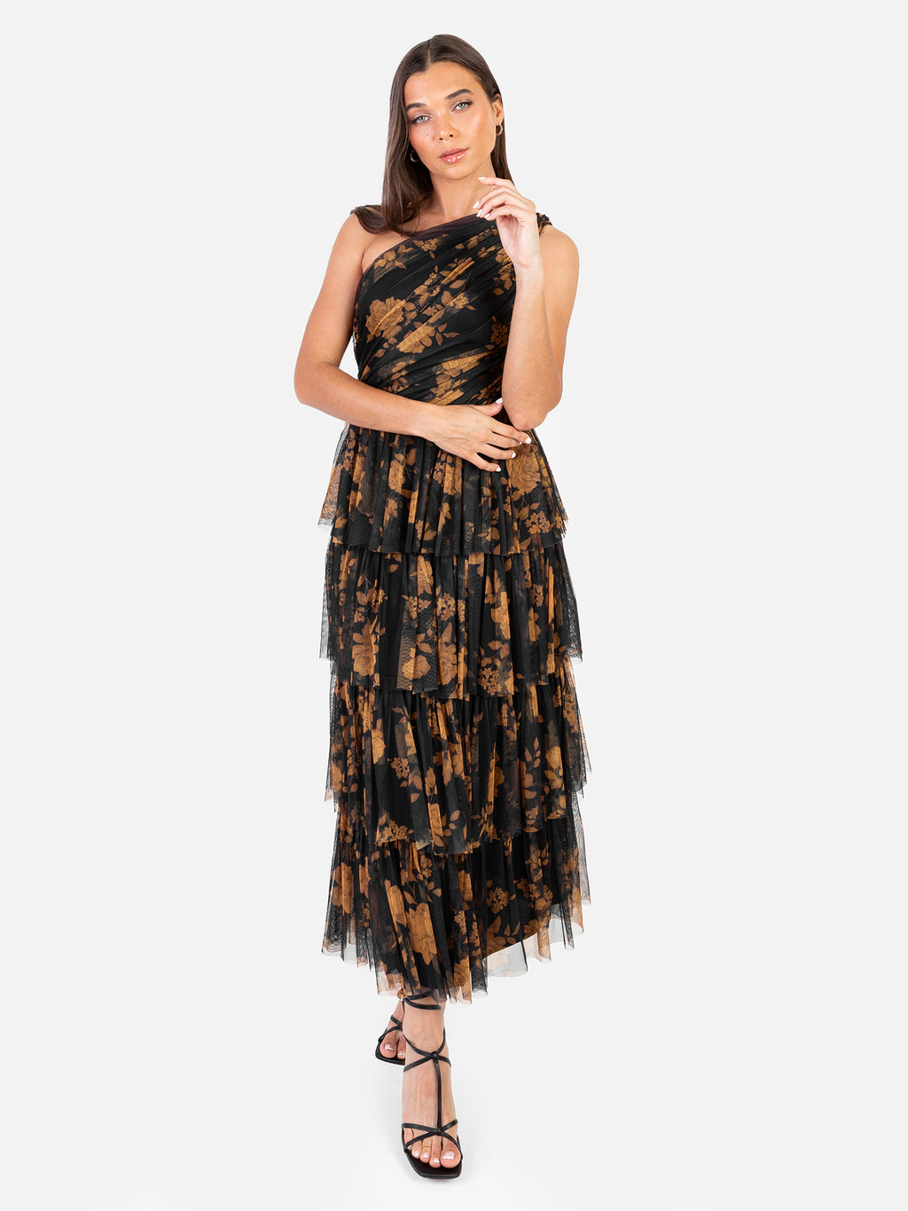 Anaya With Love Recycled Floral One Shoulder Tiered Midi Dress