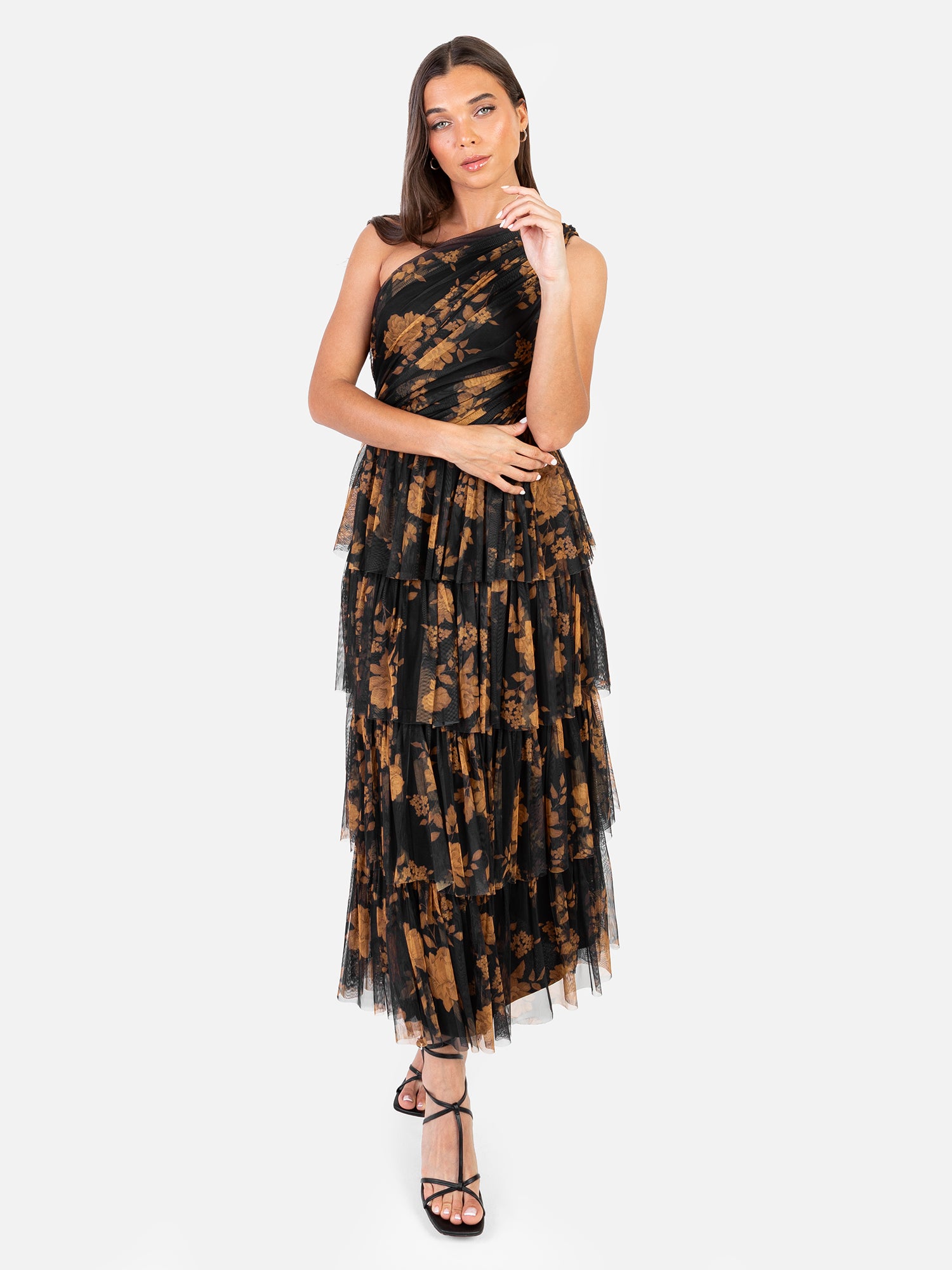 Anaya With Love Recycled Floral One Shoulder Tiered Midi Dress