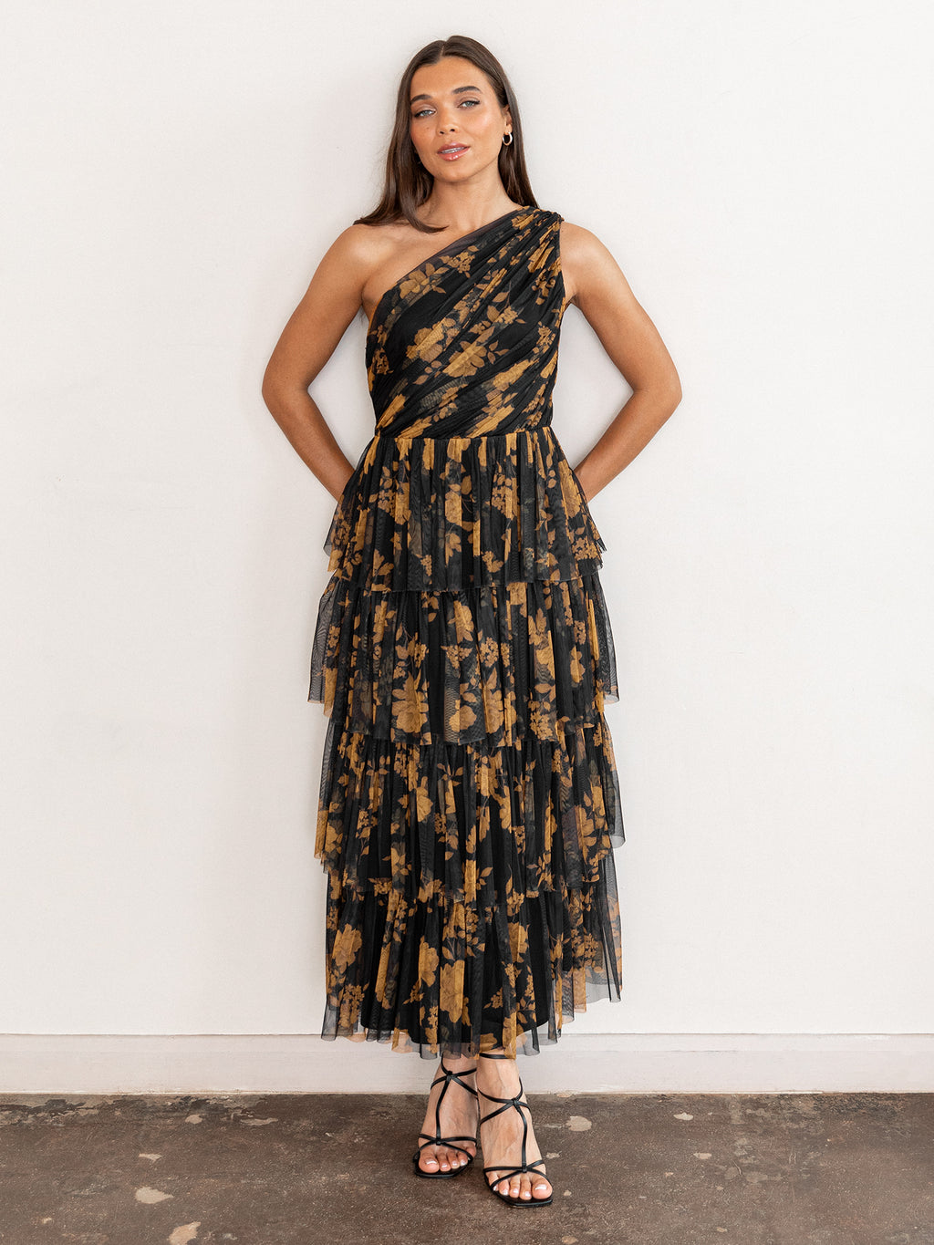 Anaya With Love Recycled Floral One Shoulder Tiered Midi Dress