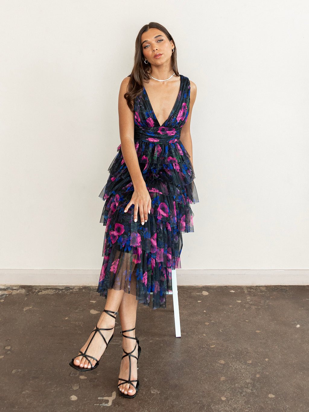 Anaya With Love Recycled Floral Plunge V Neck Tiered Tulle Midaxi Dress