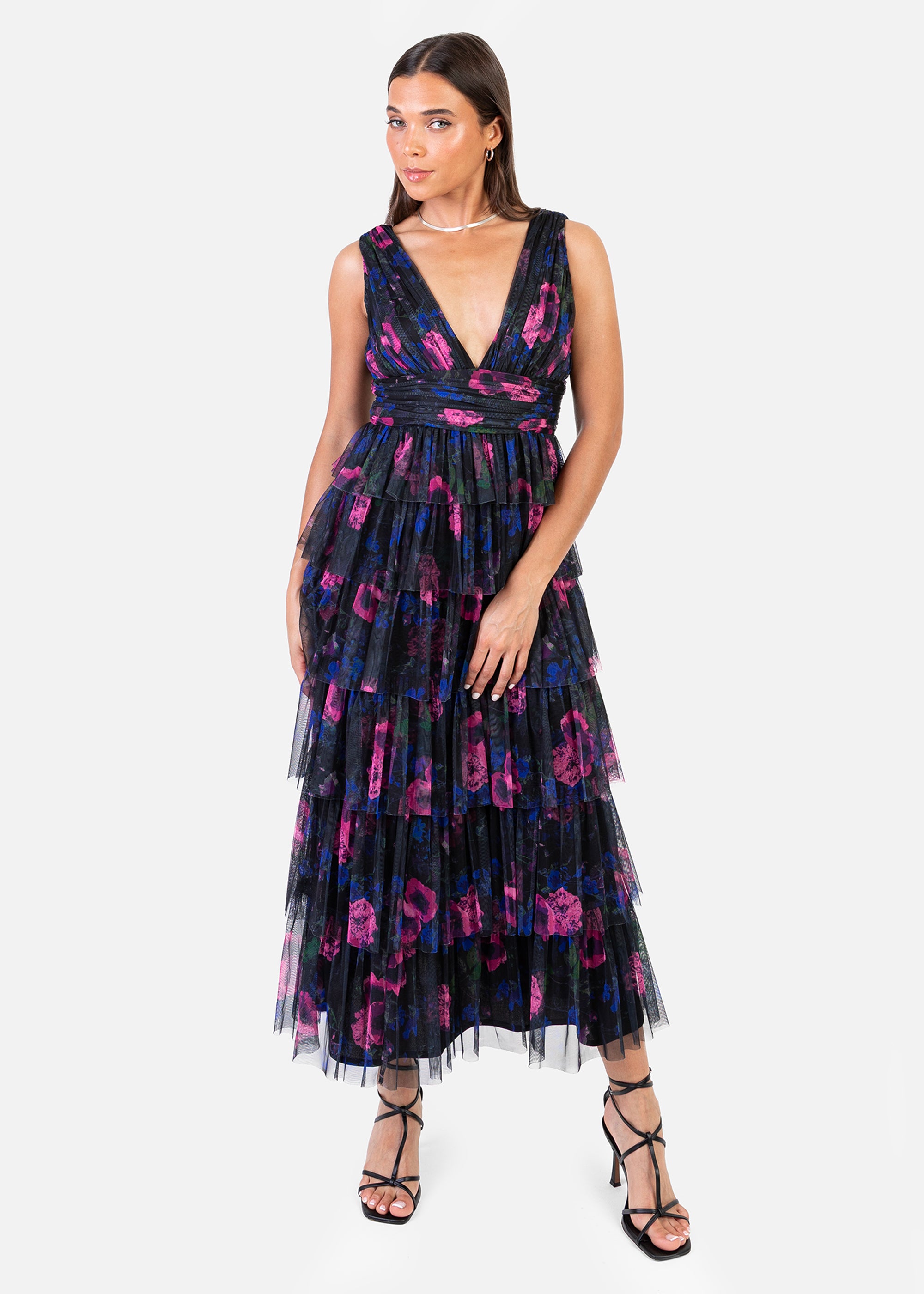 Anaya With Love Recycled Floral Plunge V Neck Tiered Tulle Midaxi Dress