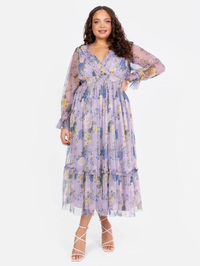 Anaya With Love Recycled Floral Print Long Sleeve Lilac Midi Dress