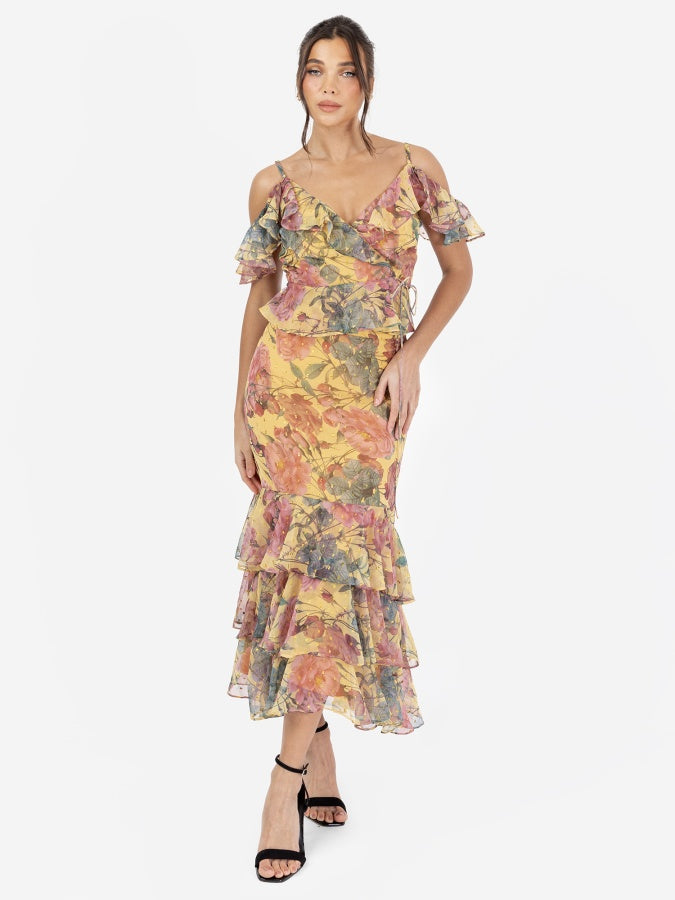 Anaya with Love Recycled Floral Print Ruffled Midi Skirt