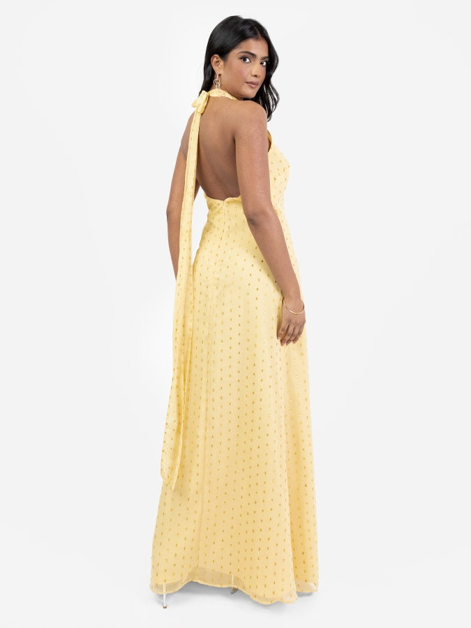 Anaya With Love Recycled Gold Detail Halter Neck & Open Back Yellow Maxi Dress