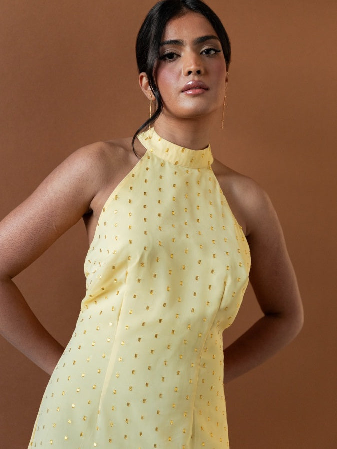 Anaya With Love Recycled Gold Detail Halter Neck & Open Back Yellow Maxi Dress
