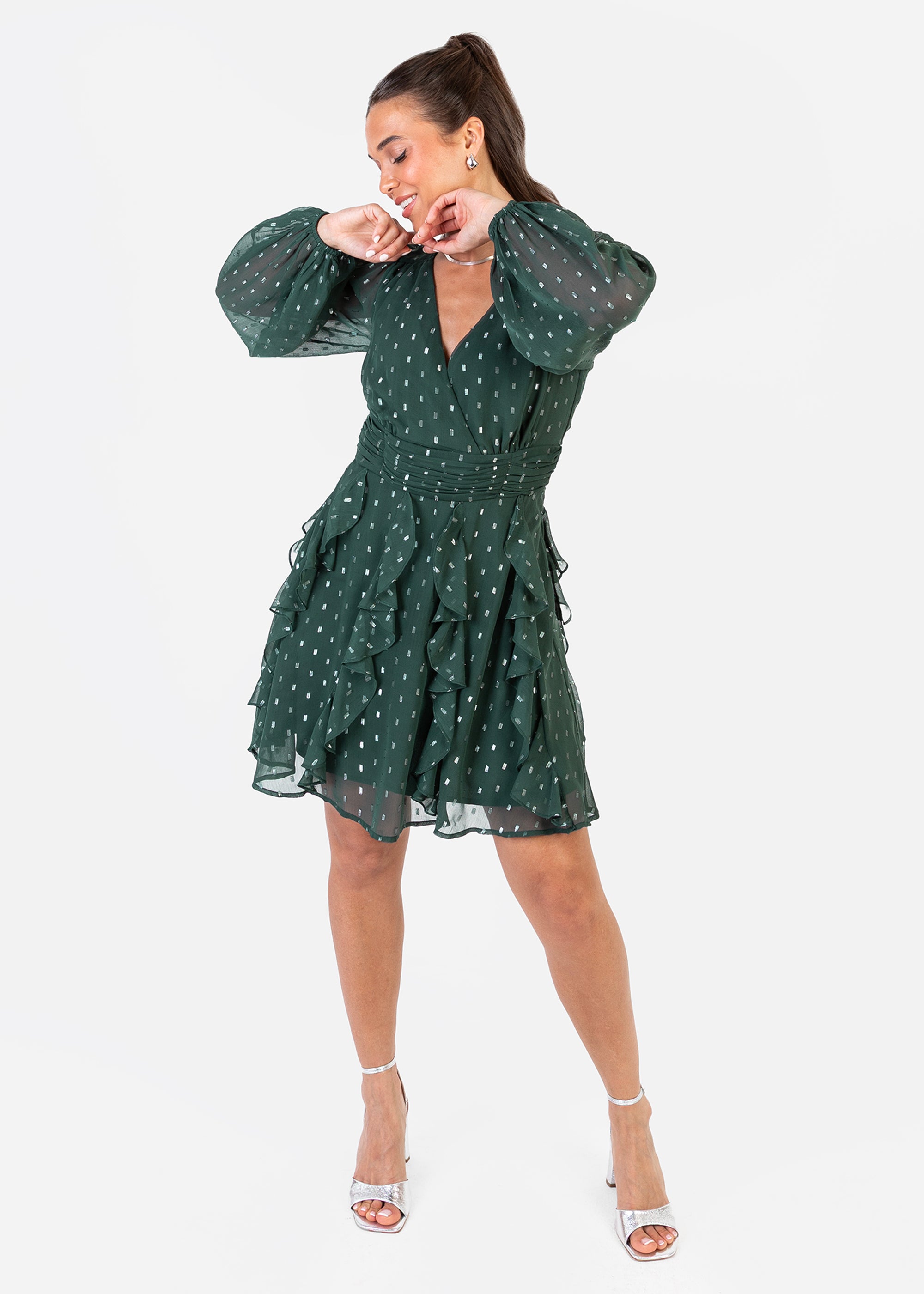 Anaya With Love Recycled Green Foil Chiffon Ruffle Mini Dress