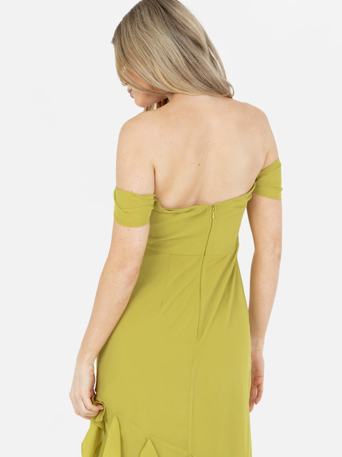 Anaya With Love Recycled Lime Bardot Maxi Dress with Ruffle Detail