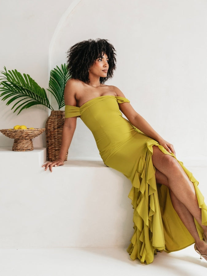 Anaya With Love Recycled Lime Bardot Maxi Dress with Ruffle Detail