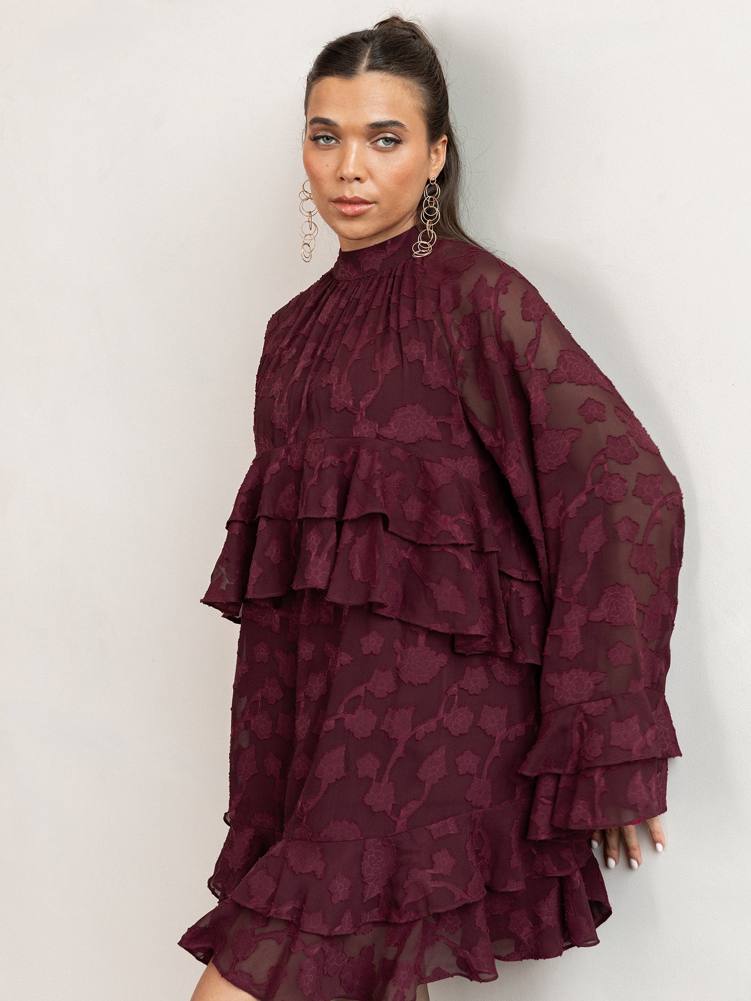 Anaya With Love Recycled Maroon Floral Burnout Flared Long Sleeve Shift Mini Dress