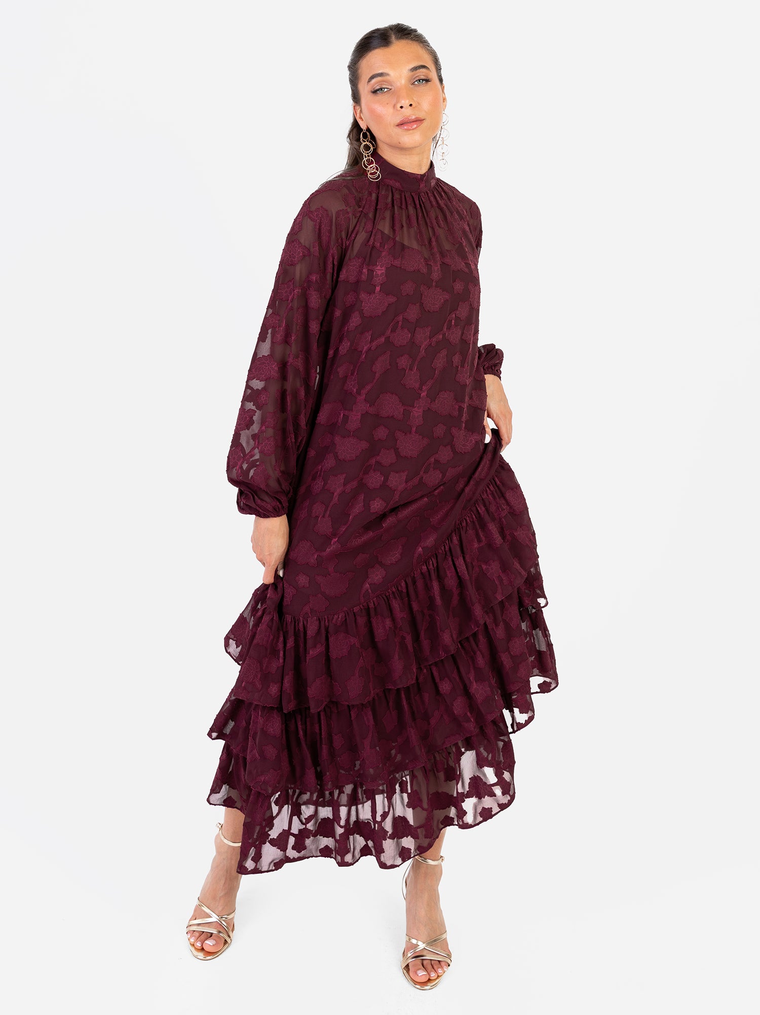 Anaya With Love Recycled Maroon Floral Burnout Long Sleeve Trapeze Midaxi Dress