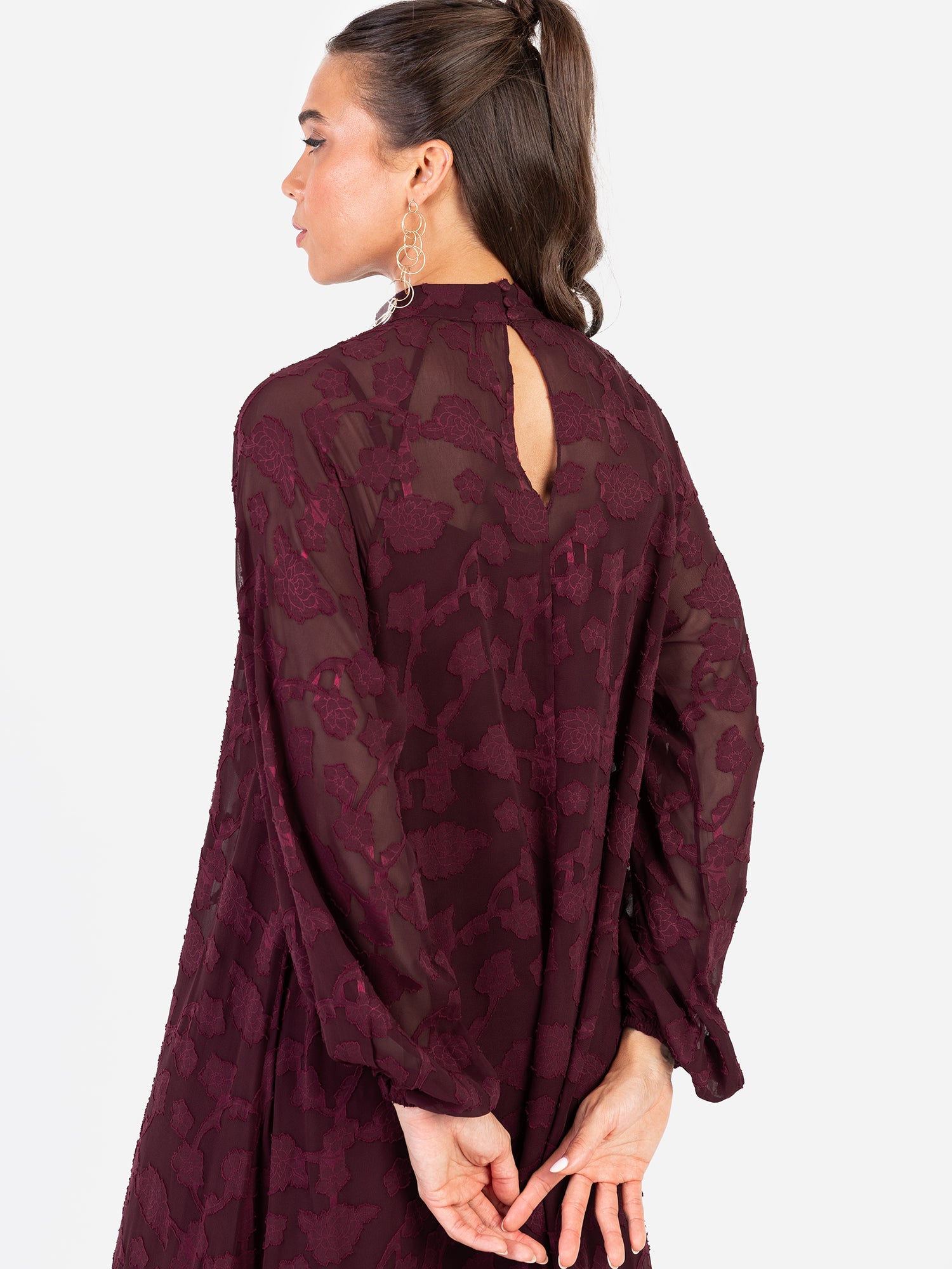 Anaya With Love Recycled Maroon Floral Burnout Long Sleeve Trapeze Midaxi Dress