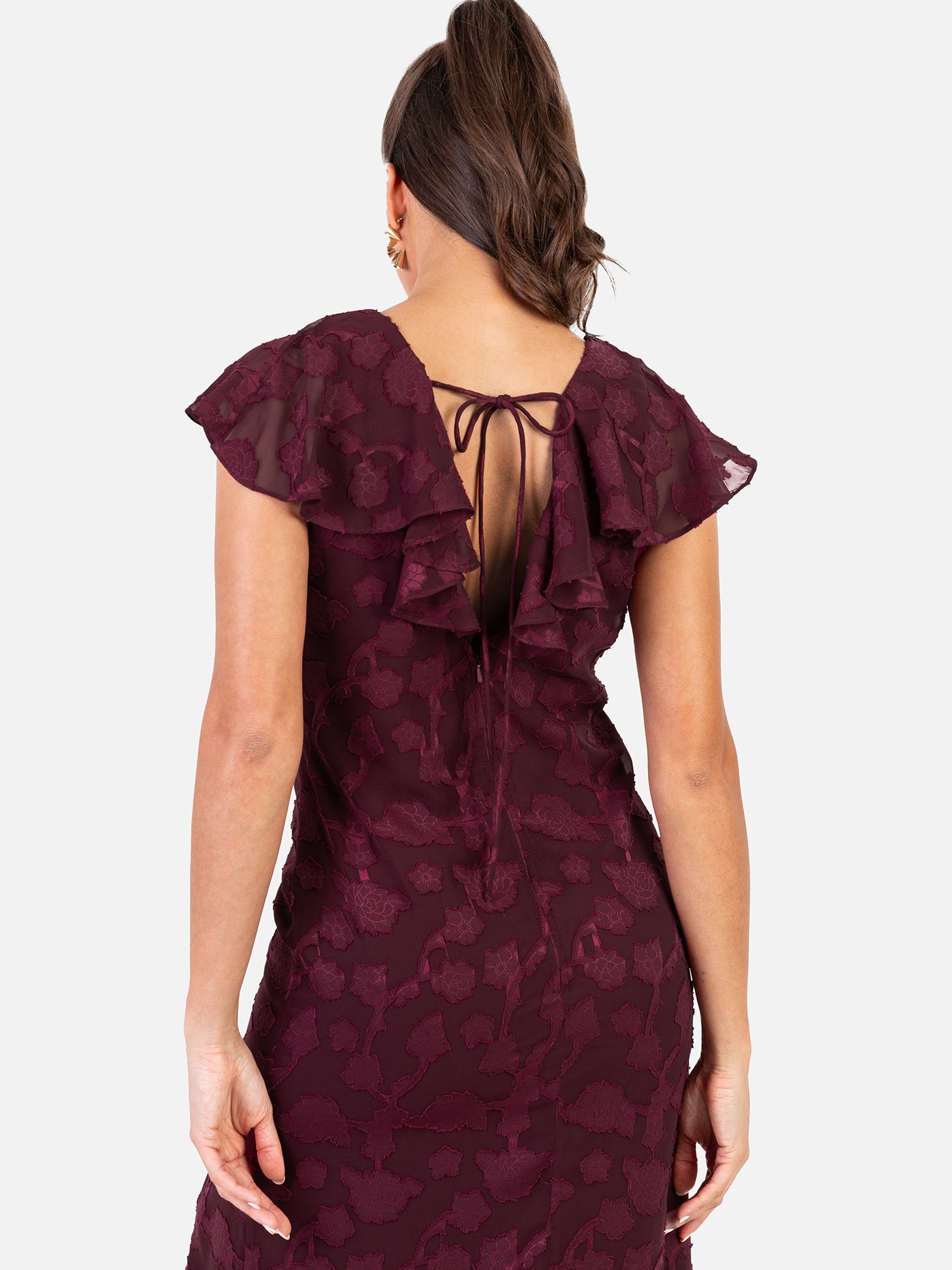 Anaya With Love Recycled Maroon Floral Burnout Maxi Dress with Ruffle Detail