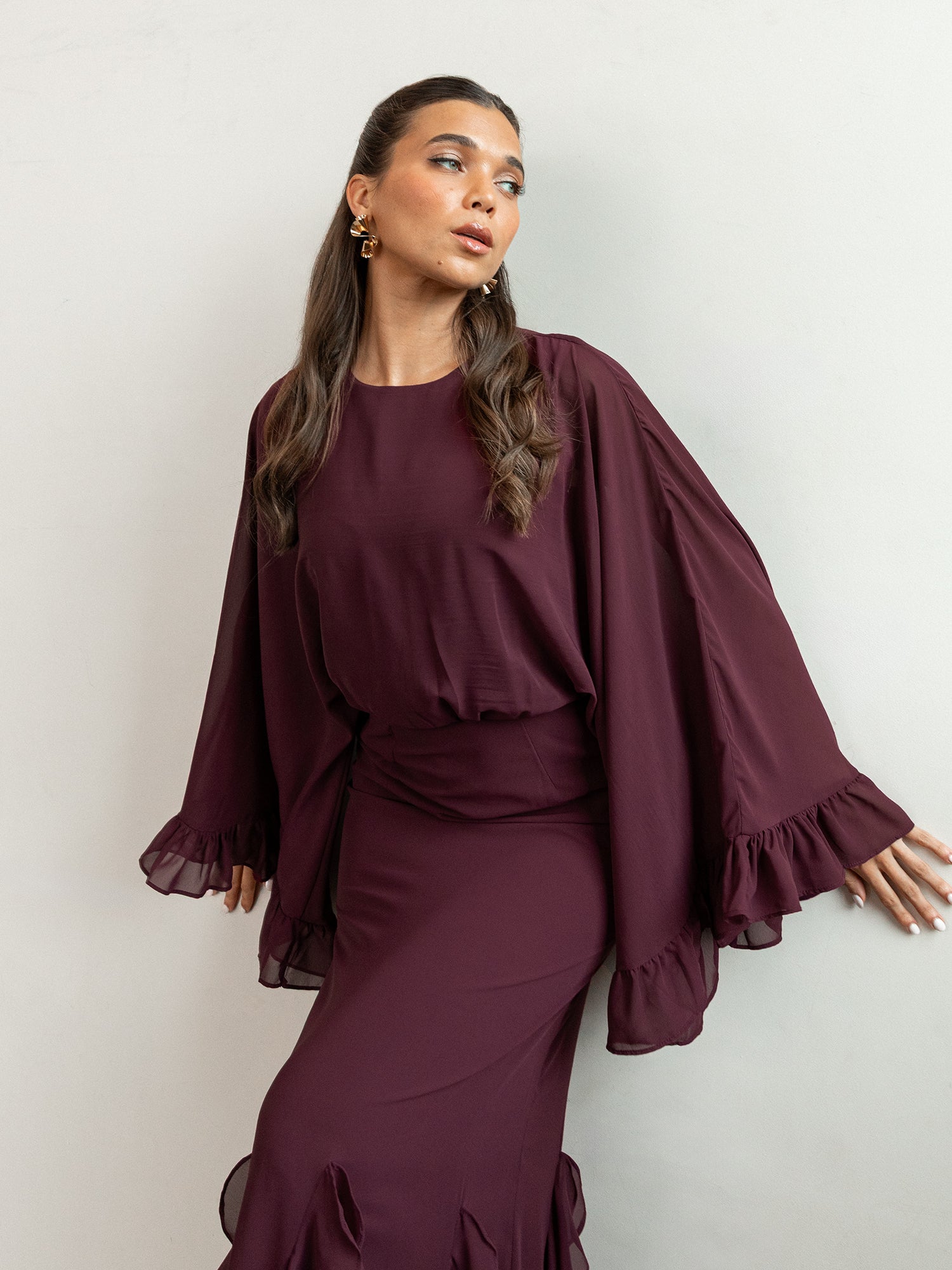 Anaya With Love Recycled Maroon Oversized Ruffle Sleeve Maxi Dress