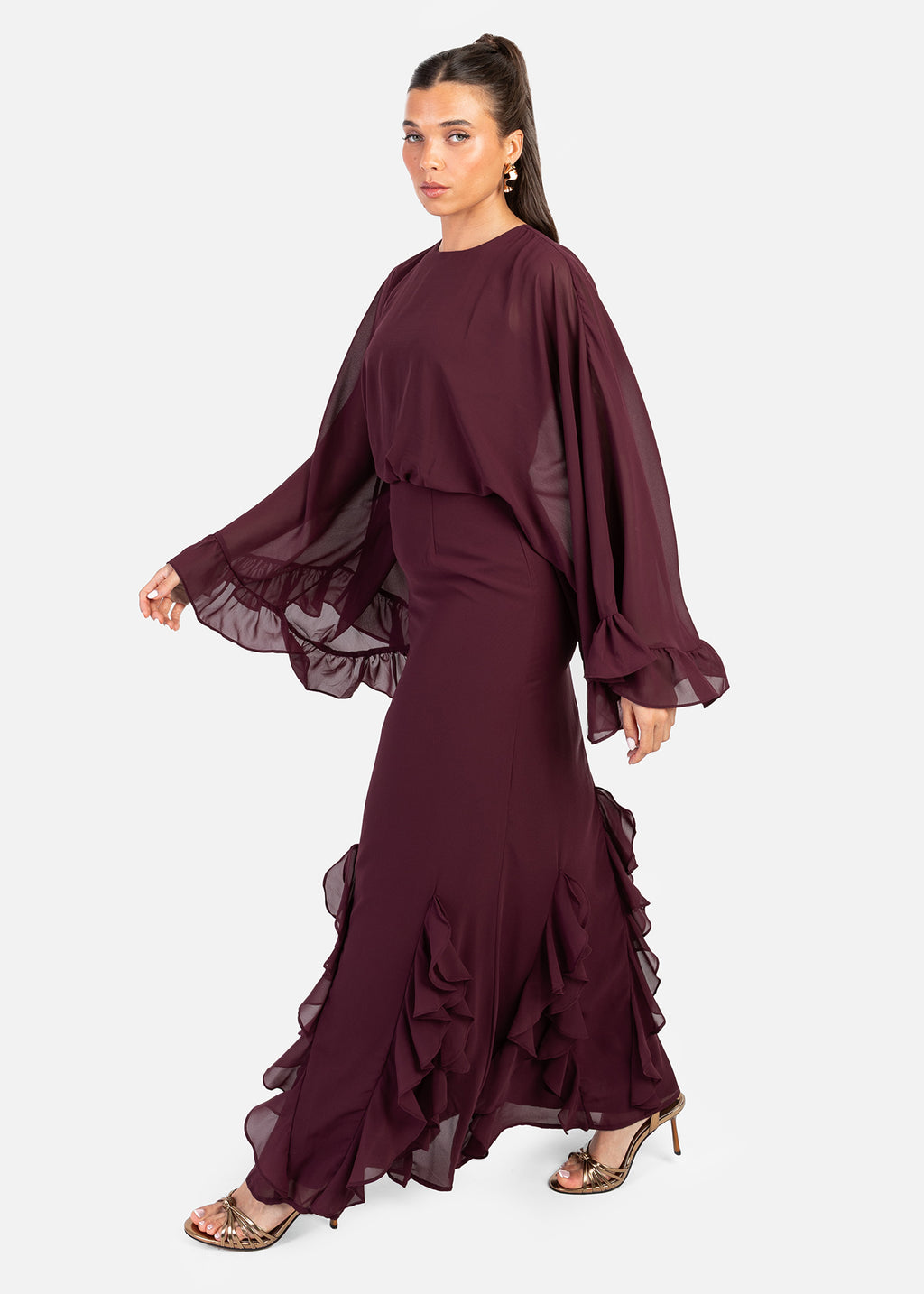 Anaya With Love Recycled Maroon Oversized Ruffle Sleeve Maxi Dress