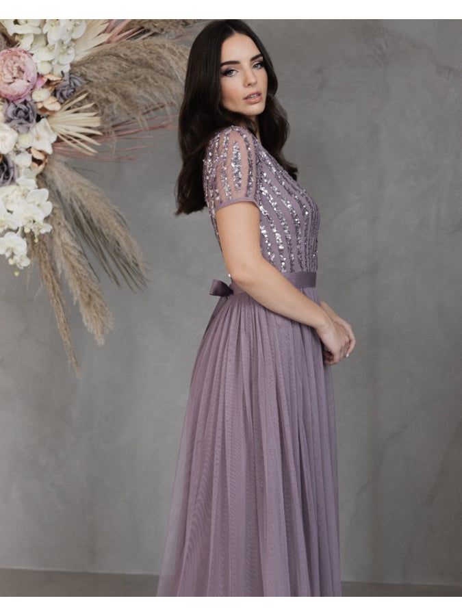 Maya Moody Lilac Stripe Embellished Maxi Dress With Sash Belt