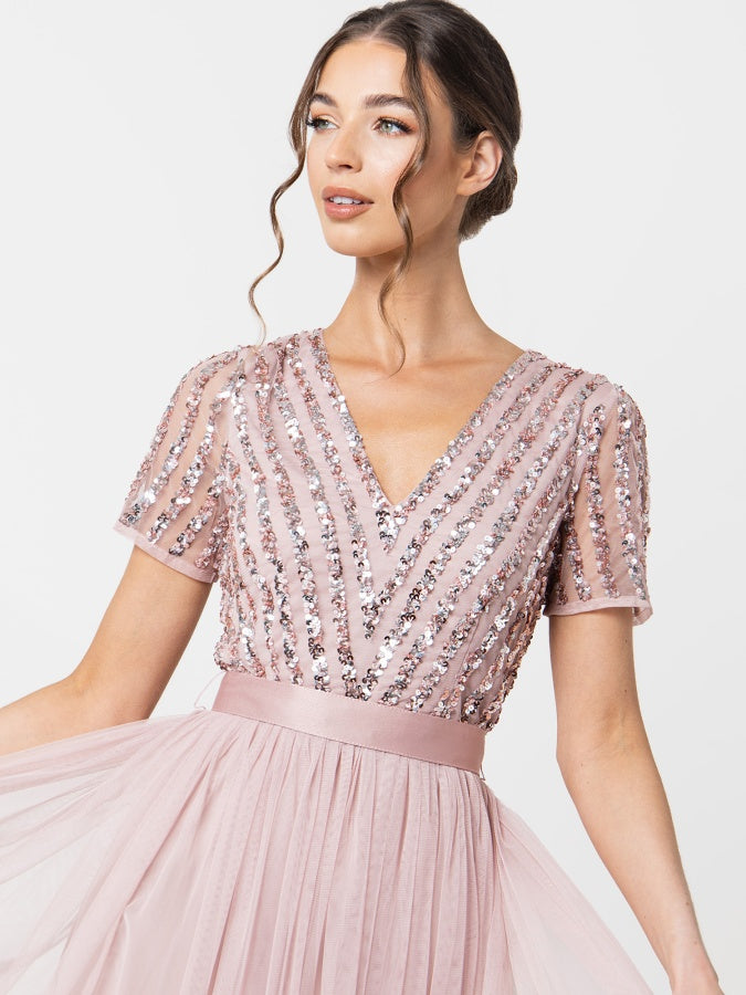 Maya Frosted Pink Stripe Embellished Maxi Dress With Sash Belt