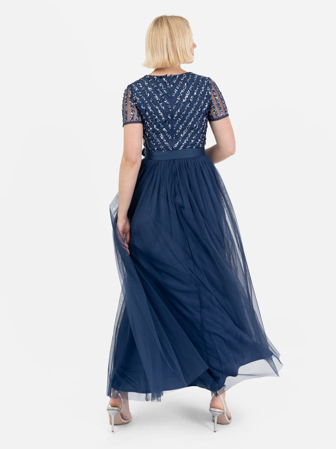 Maya Navy Stripe Embellished Maxi Dress With Sash Belt