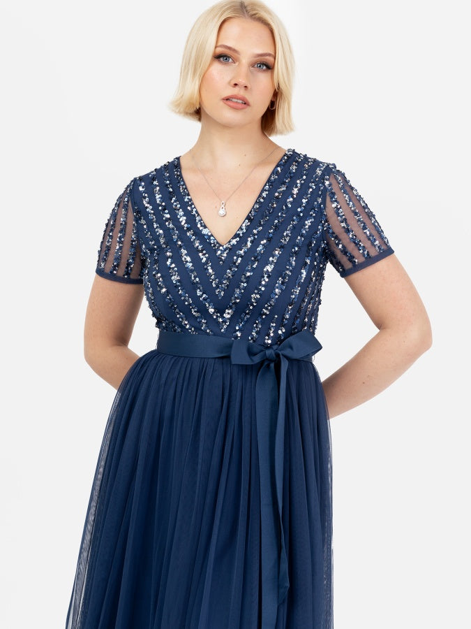 Maya Navy Stripe Embellished Maxi Dress With Sash Belt