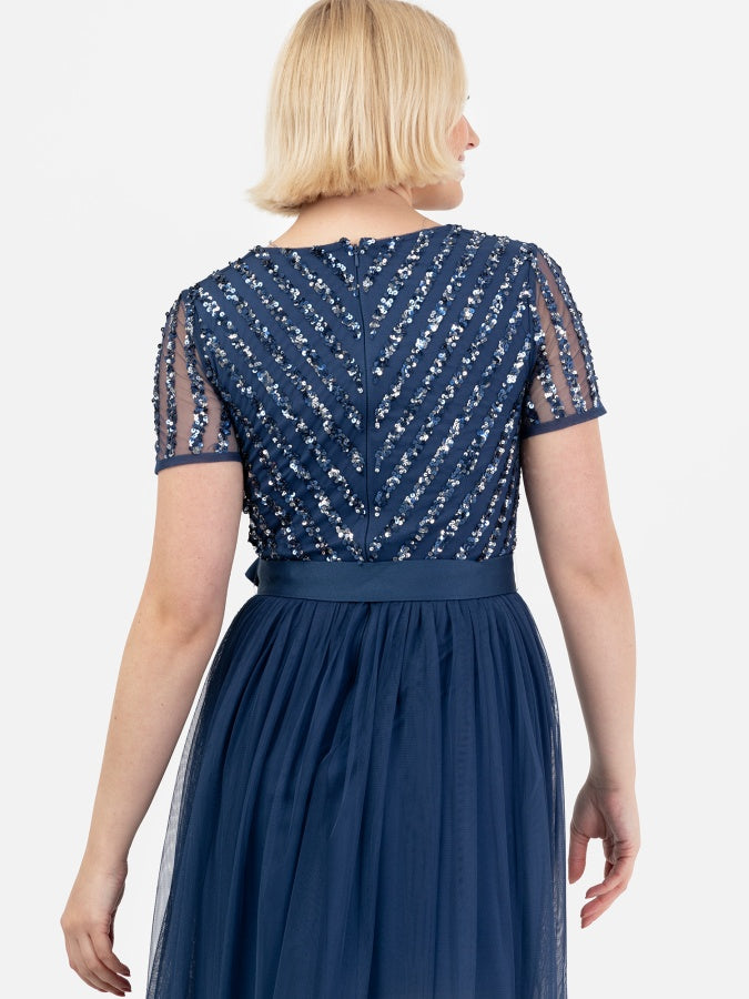 Maya Navy Stripe Embellished Maxi Dress With Sash Belt