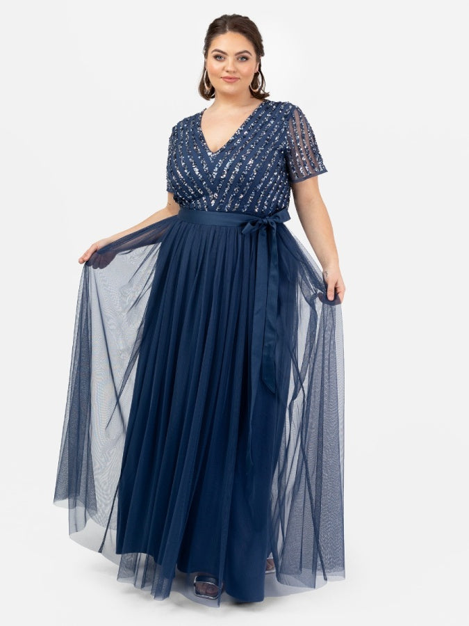 Maya Navy Stripe Embellished Maxi Dress With Sash Belt