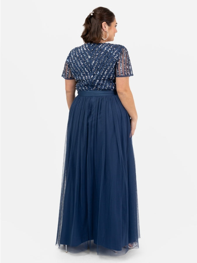 Maya Navy Stripe Embellished Maxi Dress With Sash Belt