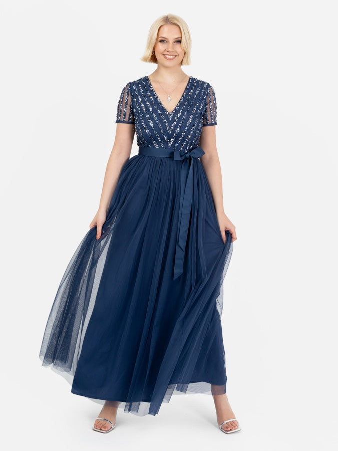 Maya Navy Stripe Embellished Maxi Dress With Sash Belt