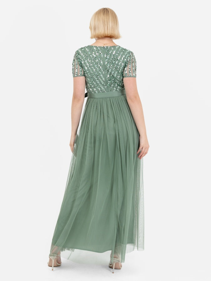 Maya Green Stripe Embellished Maxi Dress With Sash Belt