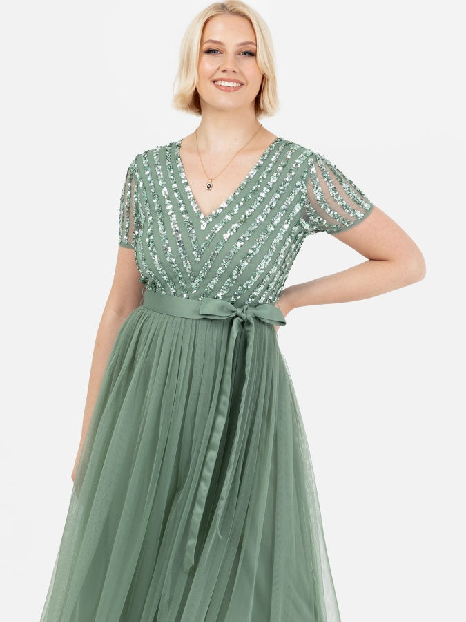 Maya Green Stripe Embellished Maxi Dress With Sash Belt