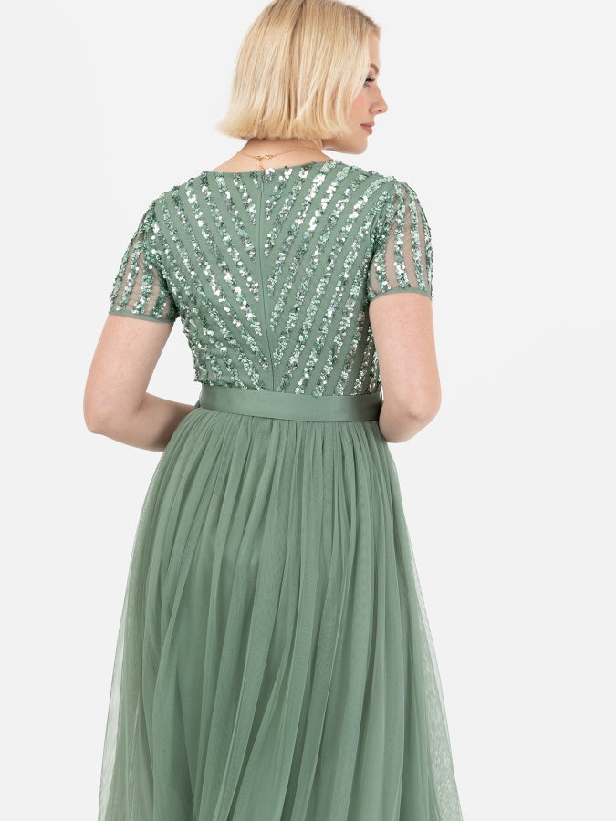 Maya Green Stripe Embellished Maxi Dress With Sash Belt