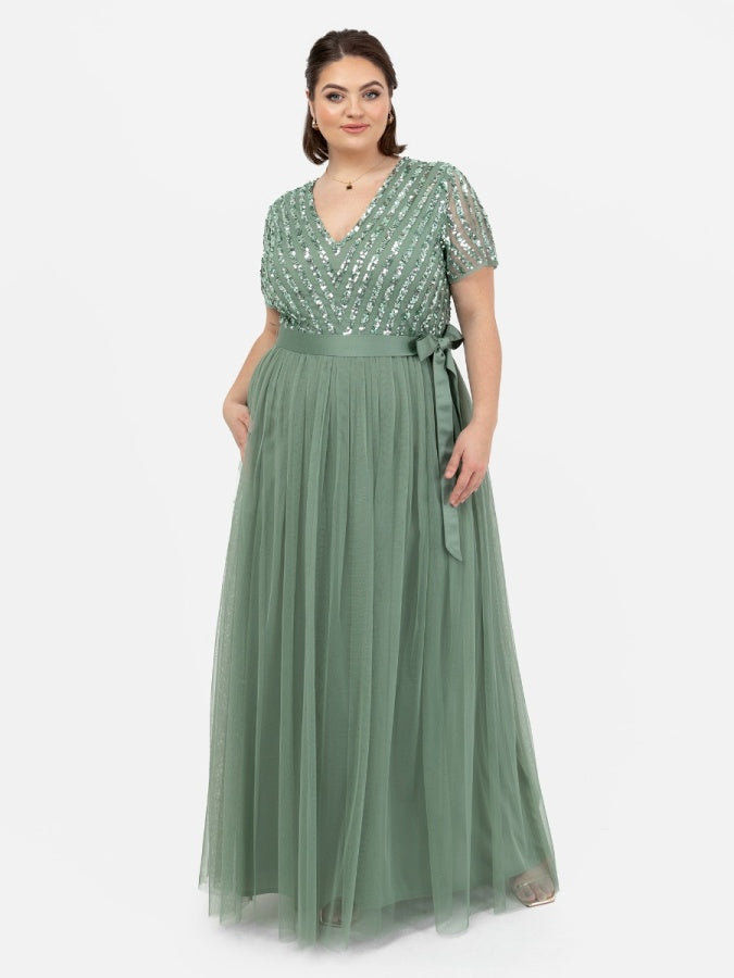Maya Green Stripe Embellished Maxi Dress With Sash Belt