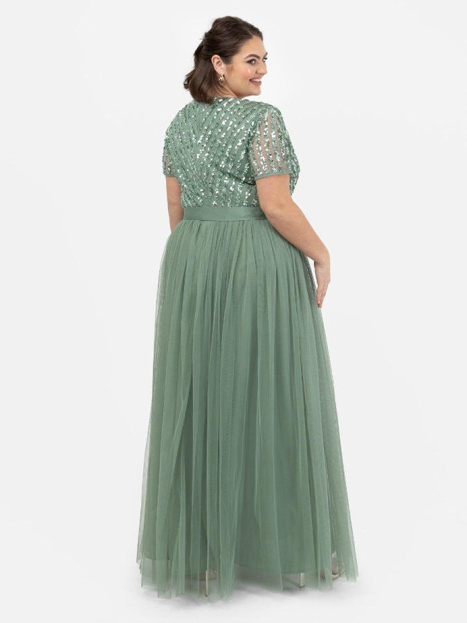 Maya Green Stripe Embellished Maxi Dress With Sash Belt