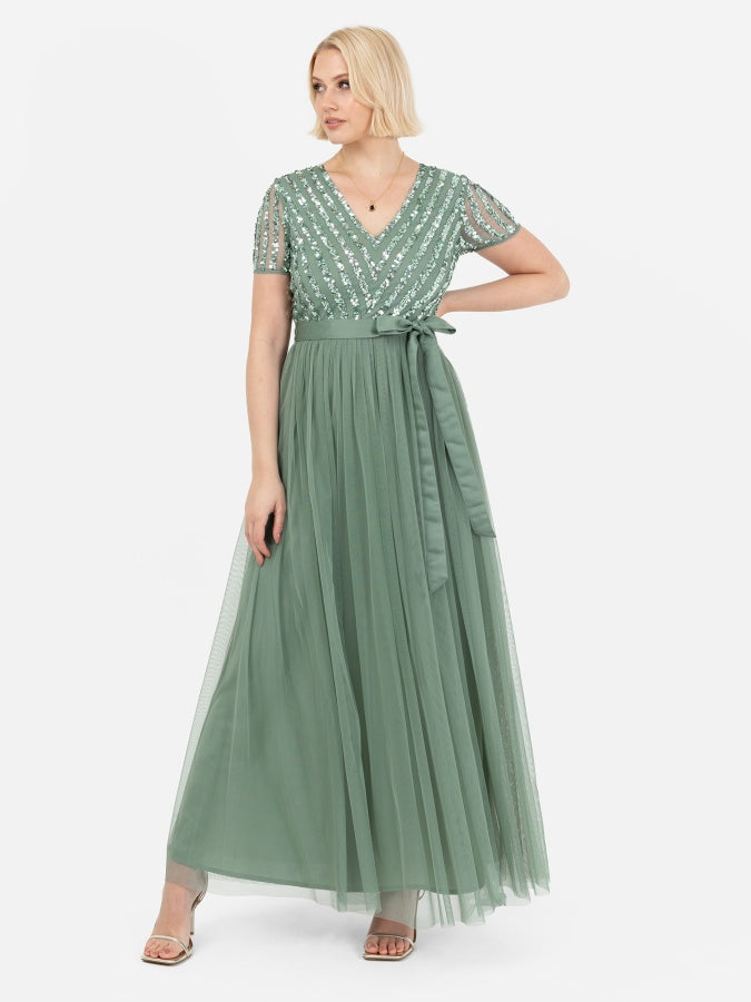 Maya Green Stripe Embellished Maxi Dress With Sash Belt