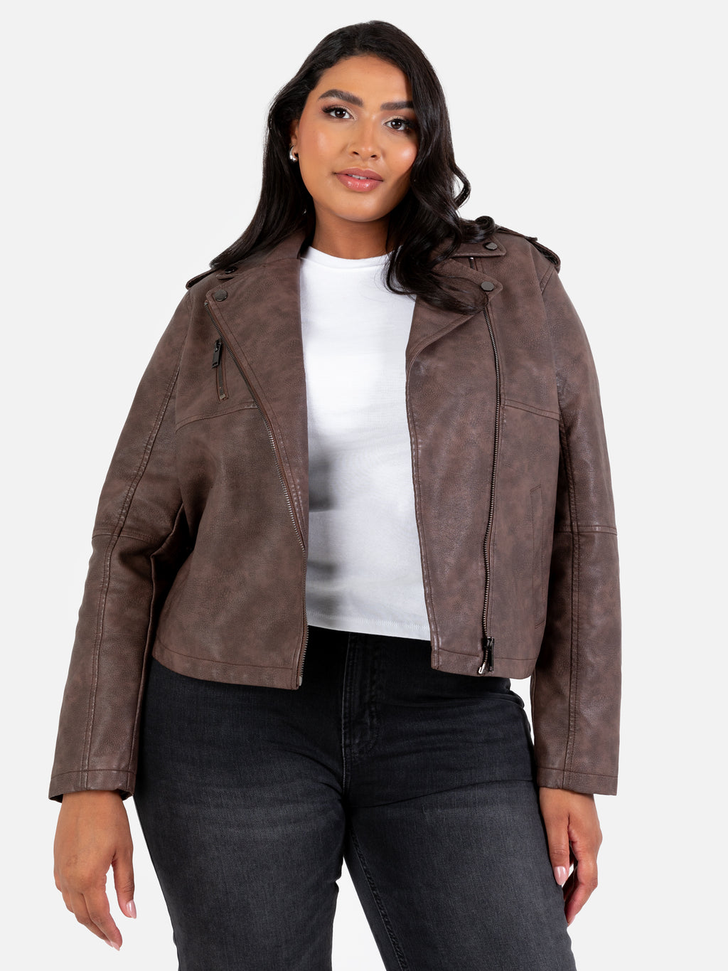 Lovedrobe Faux Leather Brown Biker Jacket with Pockets
