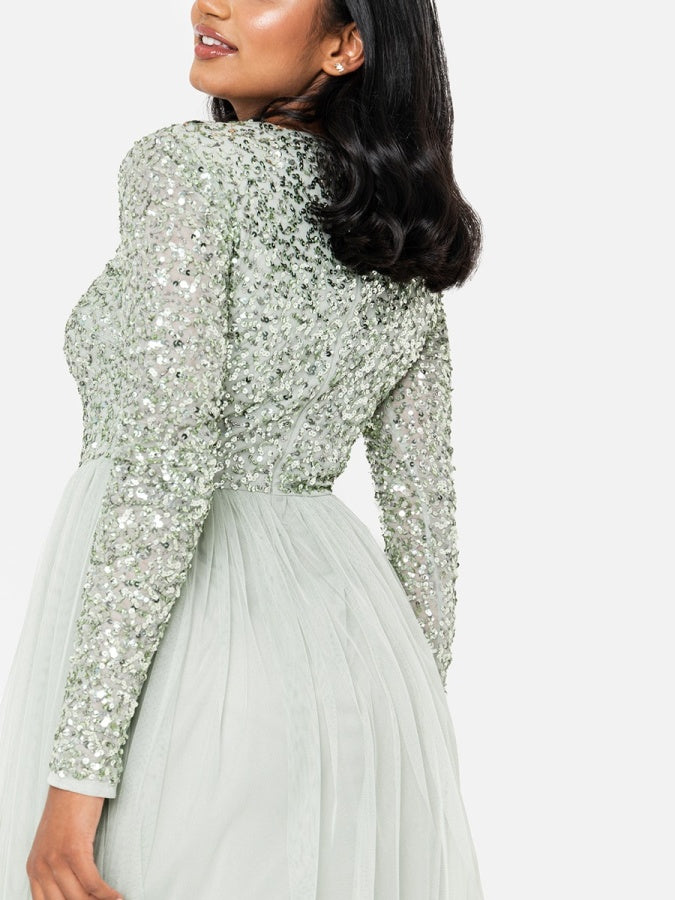 Maya Sage Green Embellished Long Sleeve Maxi Dress