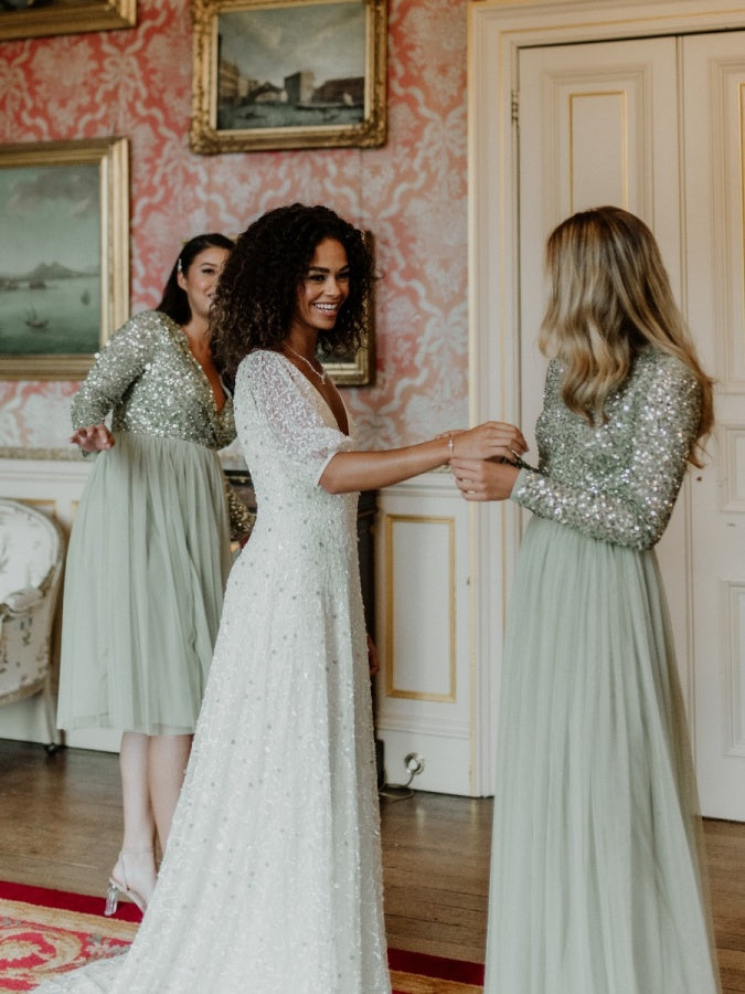 Maya Sage Green Embellished Long Sleeve Maxi Dress