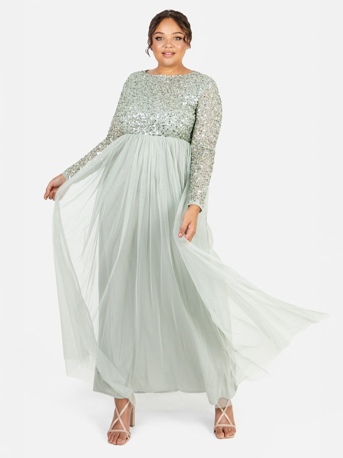 Maya Sage Green Embellished Long Sleeve Maxi Dress