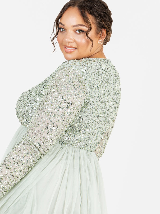 Maya Sage Green Embellished Long Sleeve Maxi Dress