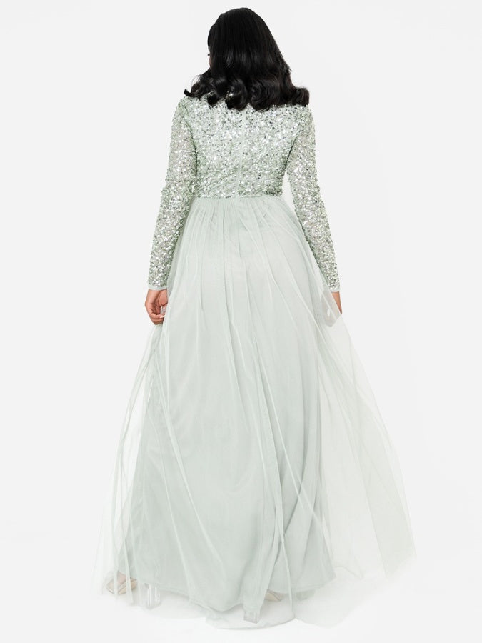 Maya Sage Green Embellished Long Sleeve Maxi Dress