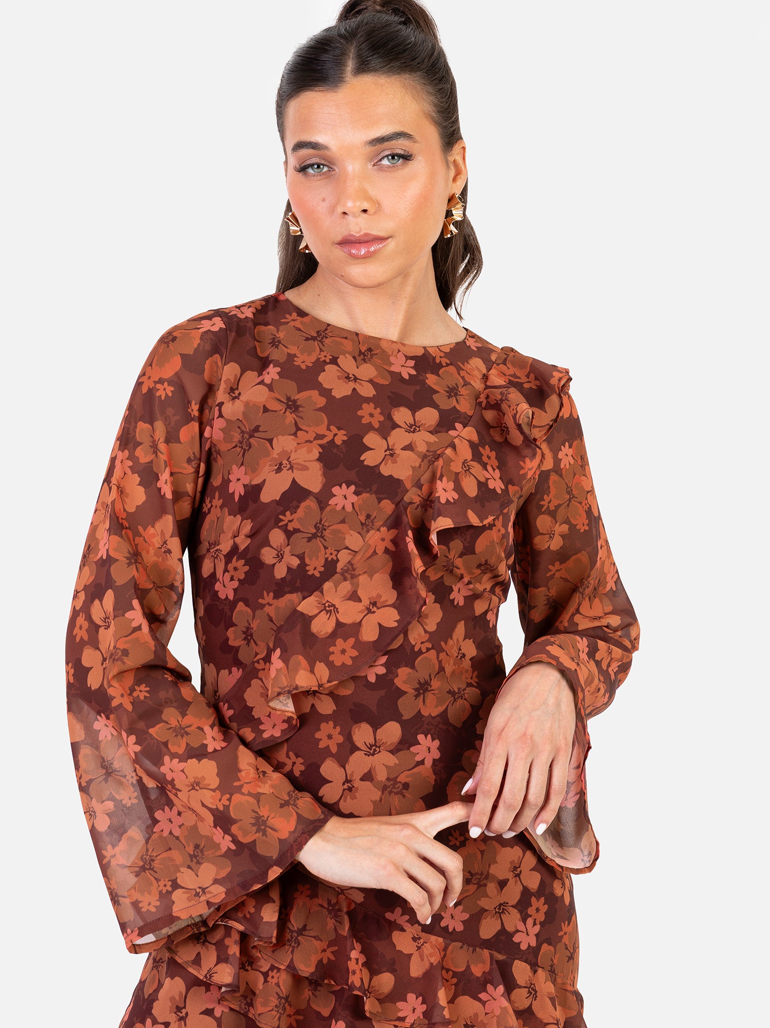 Anaya With Love Recycled Rust Floral Print Long Sleeve Ruffle Midaxi Dress