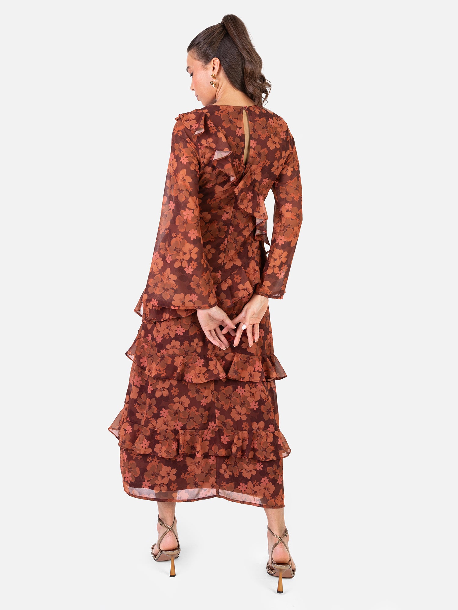 Anaya With Love Recycled Rust Floral Print Long Sleeve Ruffle Midaxi Dress