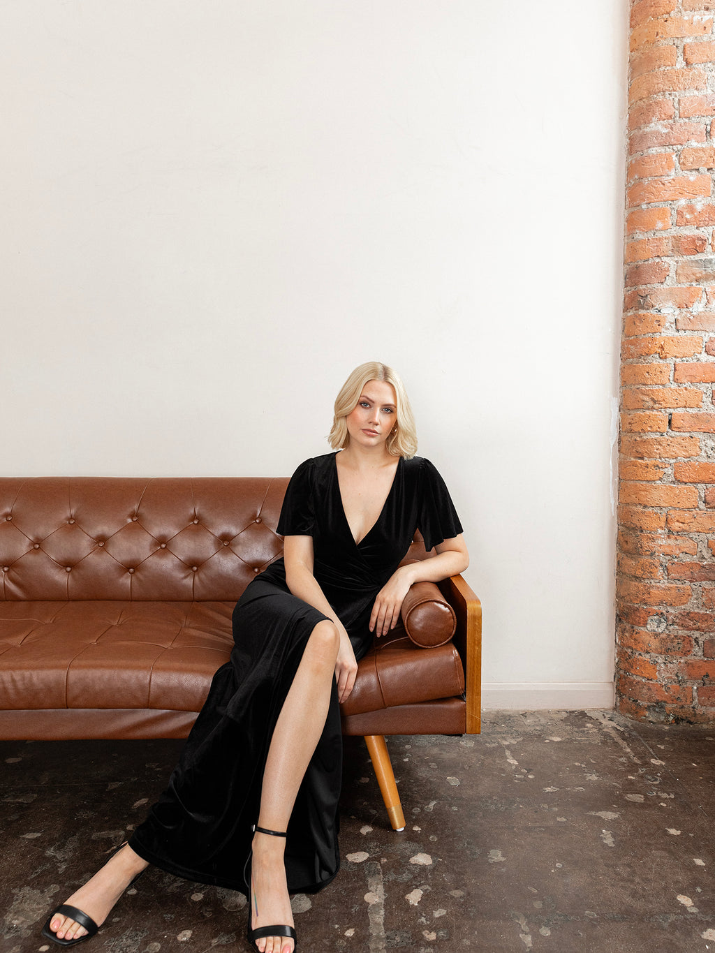 Maya Black Faux Wrap Short Sleeve Velvet Maxi Dress