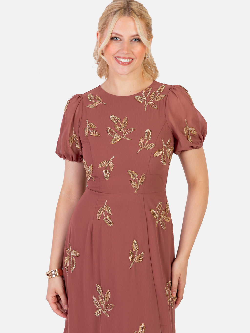 Maya Copper Rose Embellished Short Sleeve Maxi Dress with Open Back