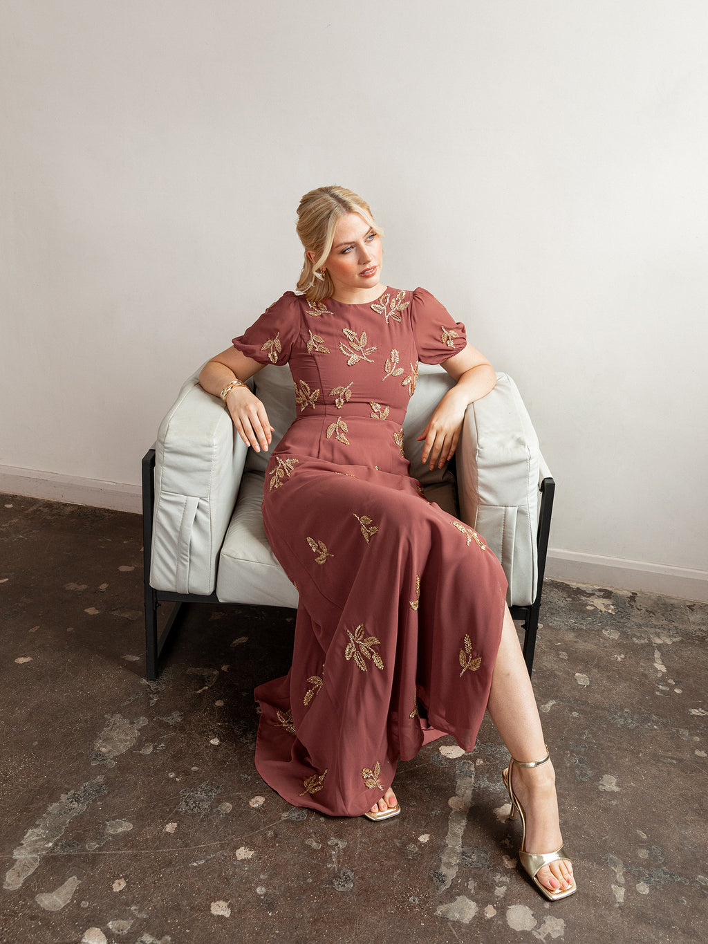 Maya Copper Rose Embellished Short Sleeve Maxi Dress with Open Back