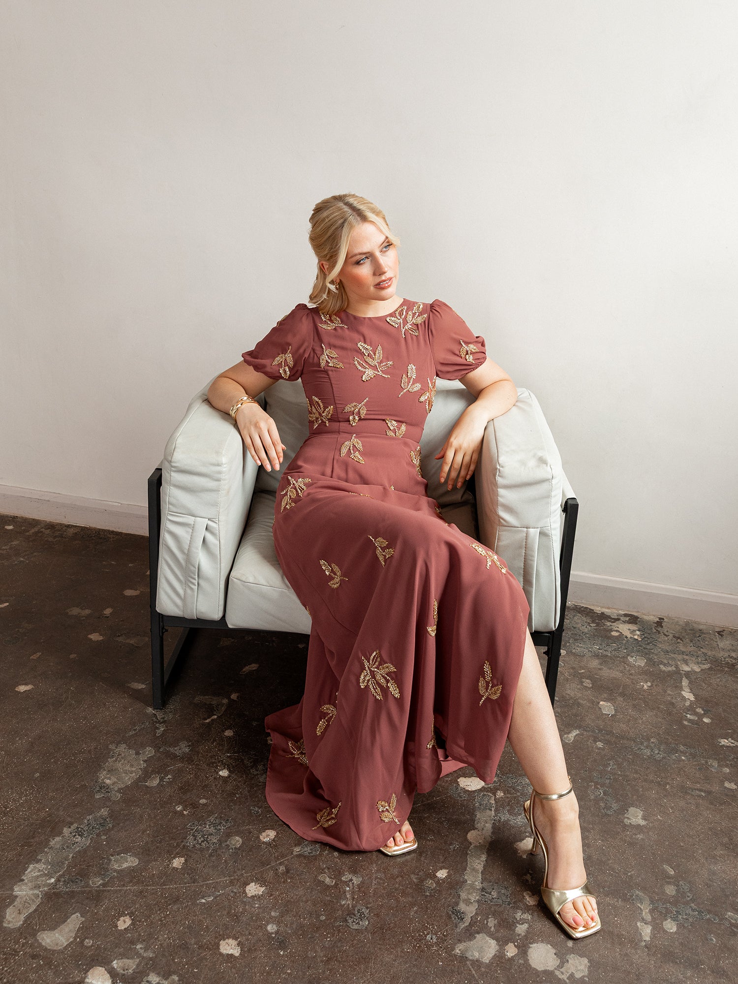 Maya Copper Rose Embellished Short Sleeve Maxi Dress with Open Back