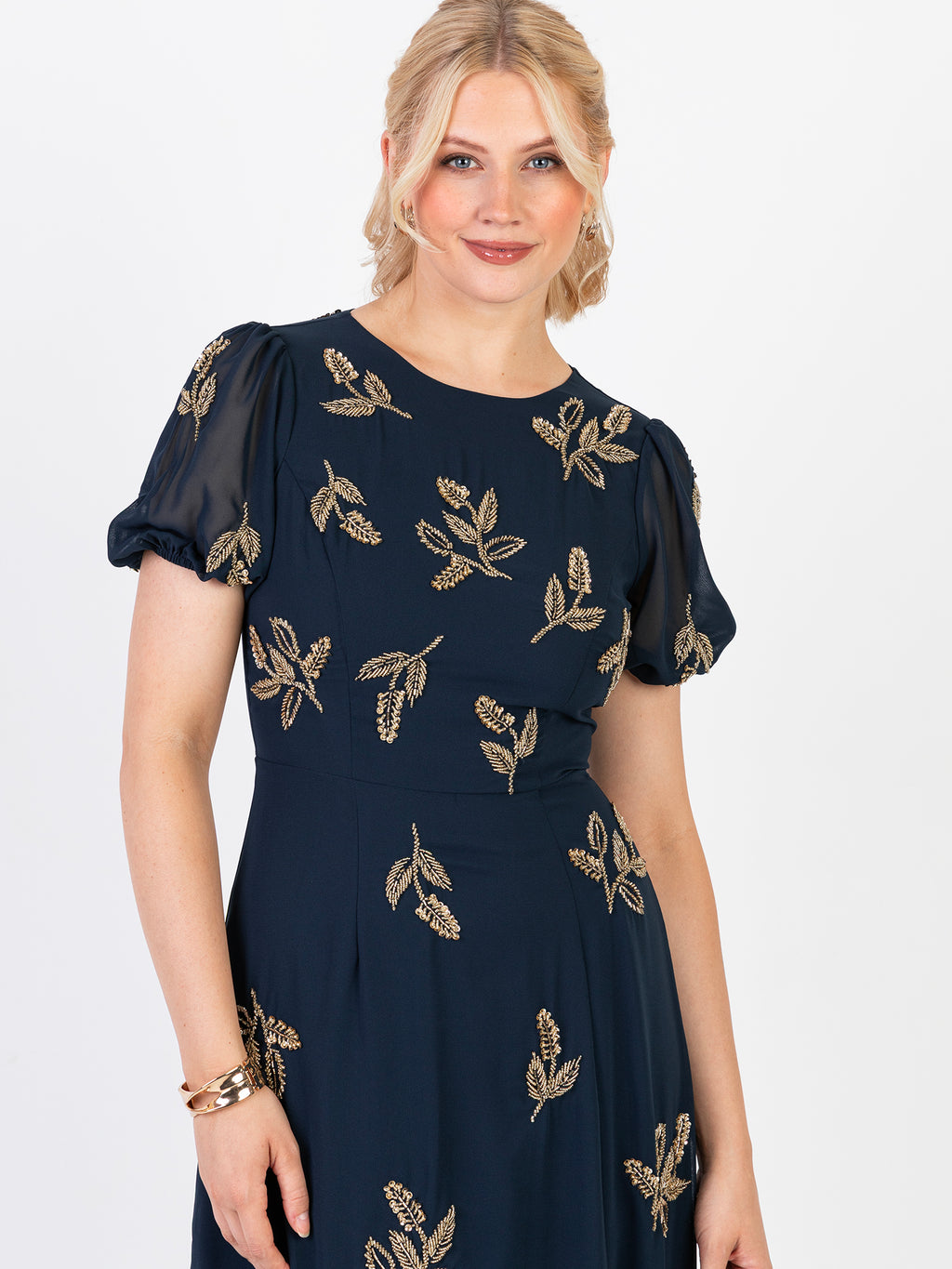 Maya Navy Embellished Short Sleeve Maxi Dress with Open Back
