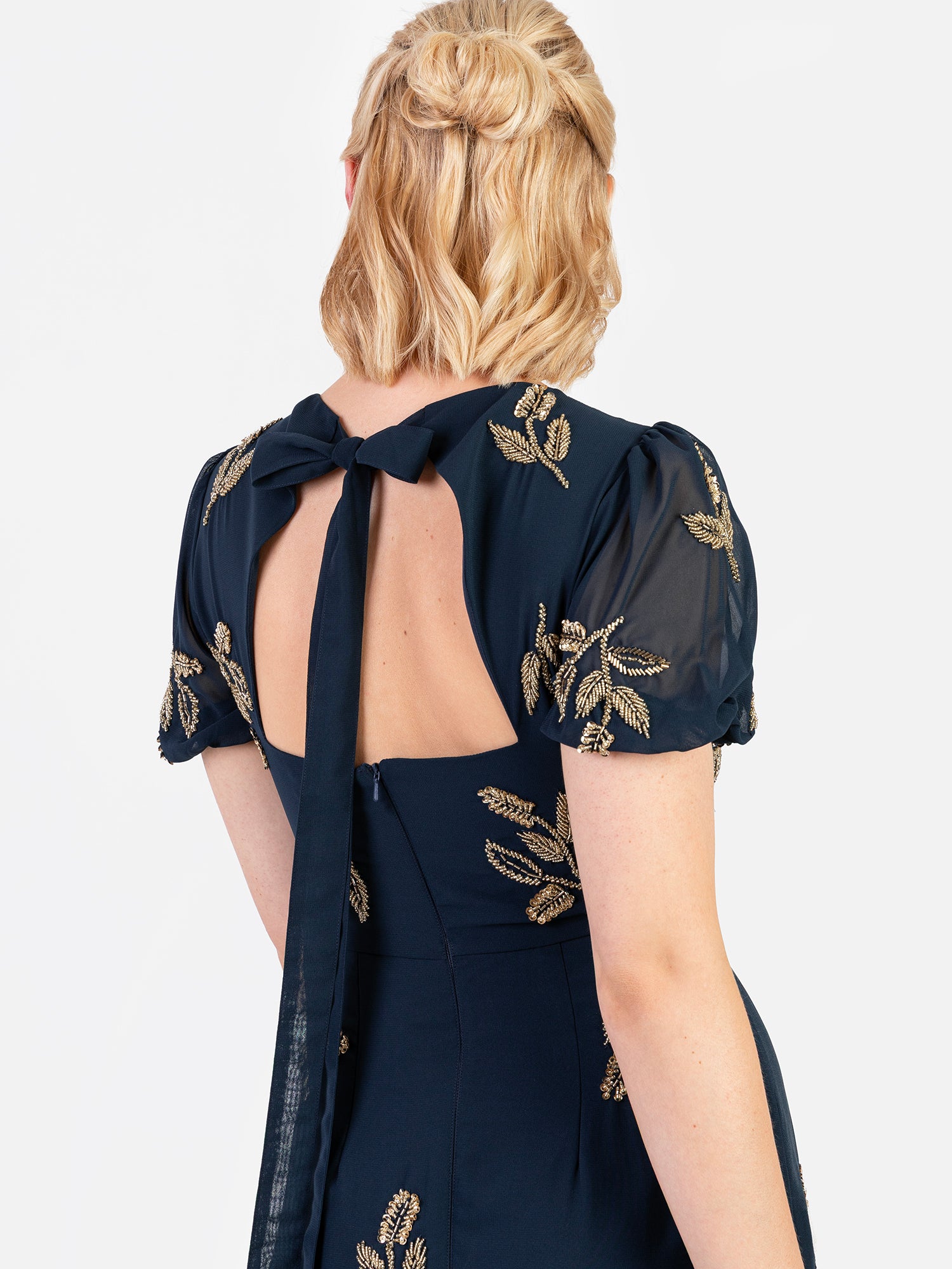 Maya Navy Embellished Short Sleeve Maxi Dress with Open Back