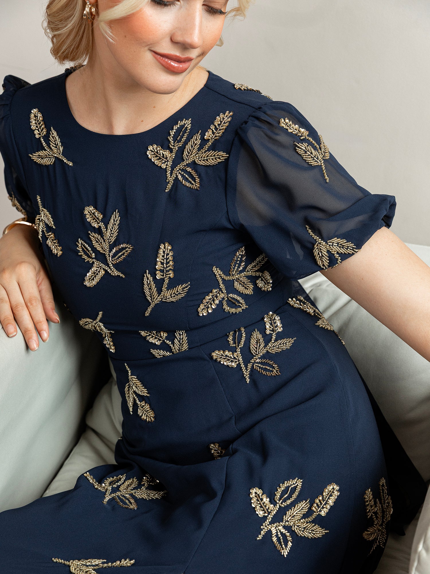 Maya Navy Embellished Short Sleeve Maxi Dress with Open Back
