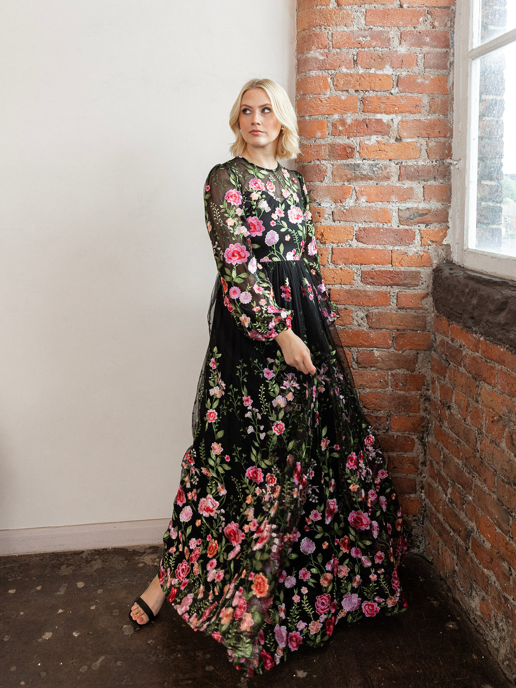 Maya Floral Embroidered Blouson Sleeve Maxi Dress